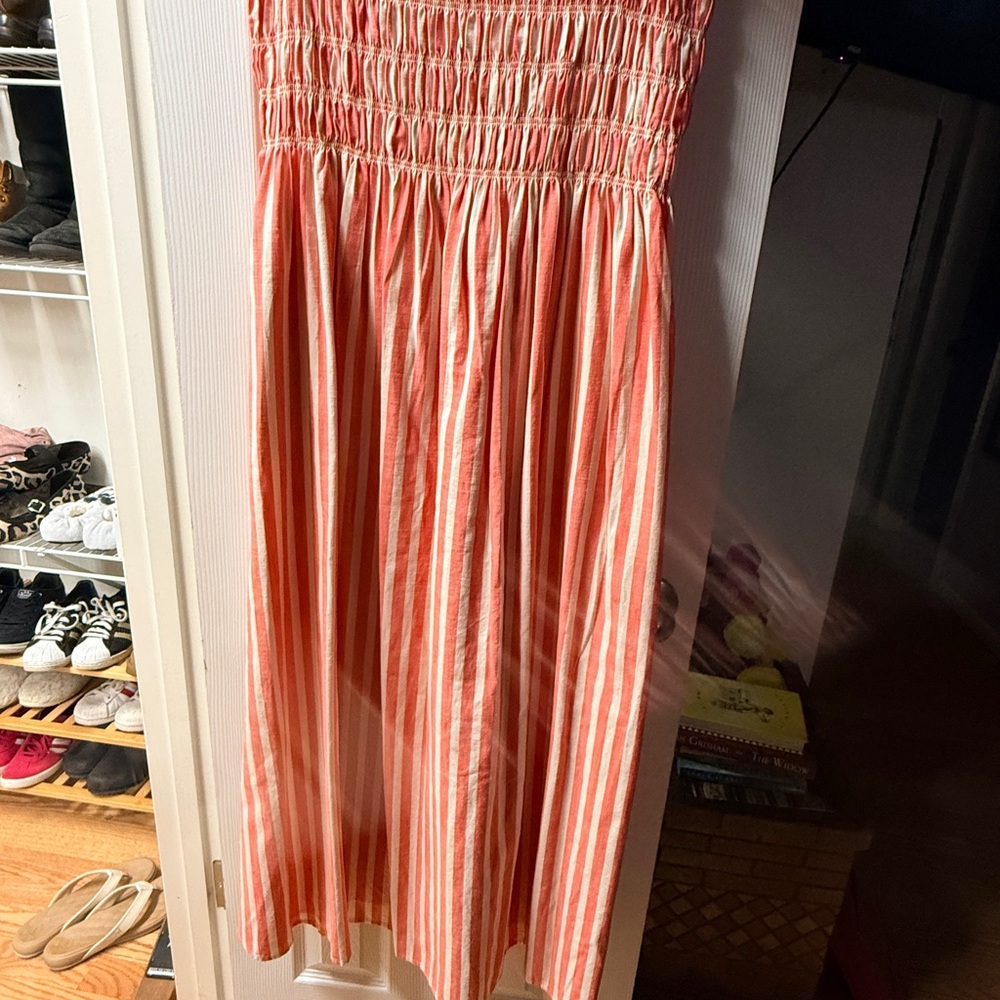 Women's Coral and White Striped Smocked Sundress